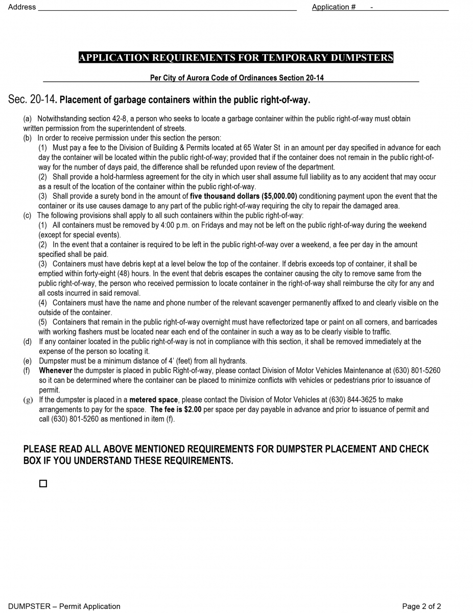 Aurora, IL dumpster permit application page 2
