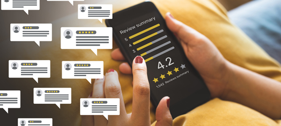 Reading company reviews on smartphone 