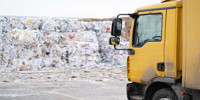 Yellow dump truck next to large pile of paper at recycling plant