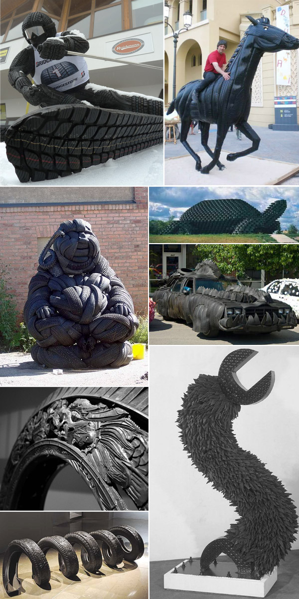 upcycled tire art and sculptures