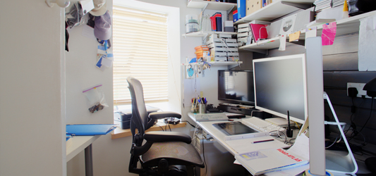 Cluttered office space