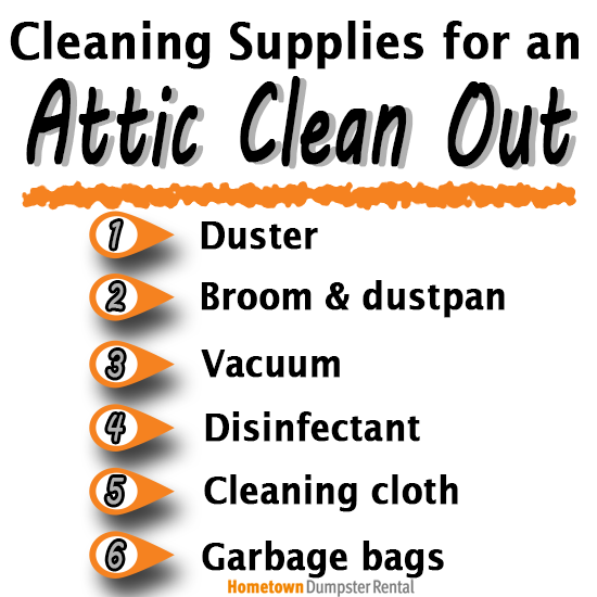 cleaning supplies for an attic clean out infographic