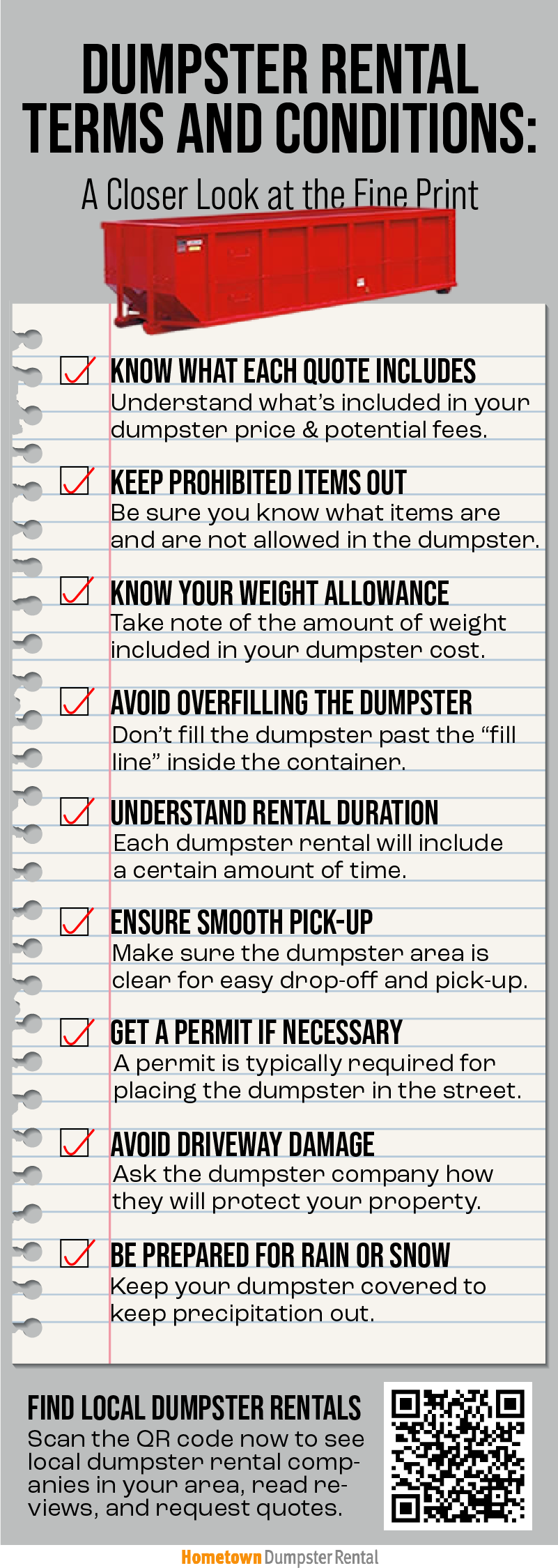 dumpster rental terms and conditions checklist infographic