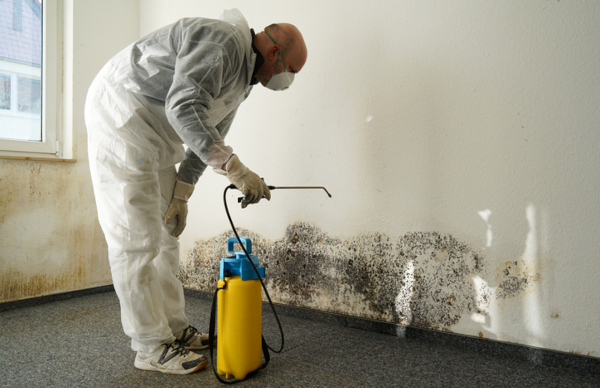person with full body PPE spraying moldy wall with solution