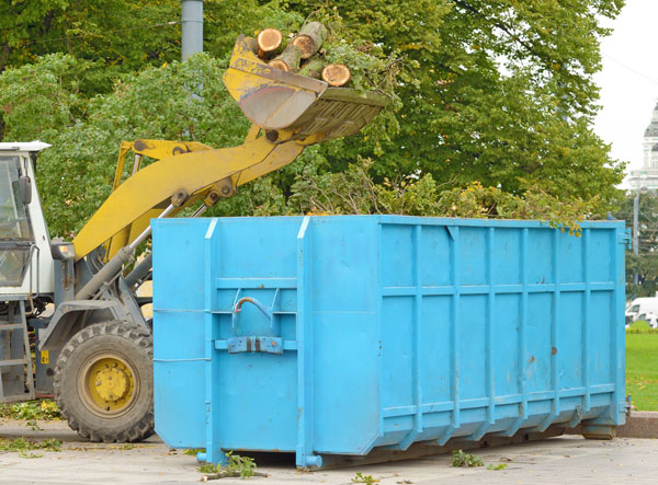 excavator loading tree debris into dumpster