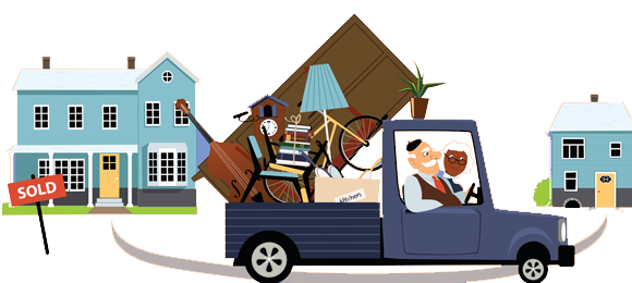 Old couple driving away from sold home in a moving truck full of packed belongings - vector