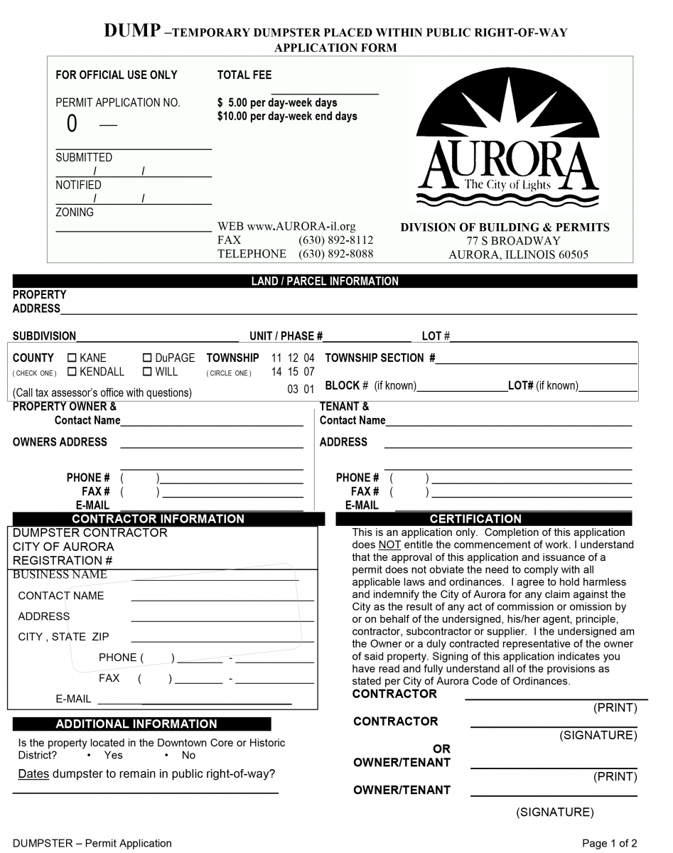 Aurora, IL dumpster rental permit application page 1