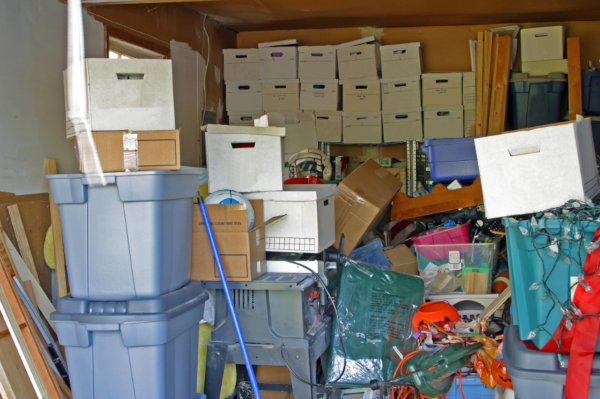 garage filled with junk and boxes