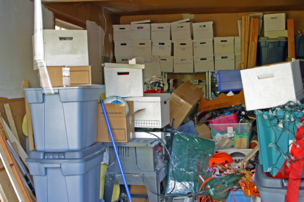 garage filled with junk and boxes