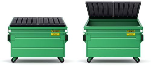 two commercial dumpsters side by side, one open top one closed top