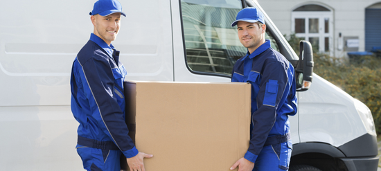 two junk removal professionals moving a box