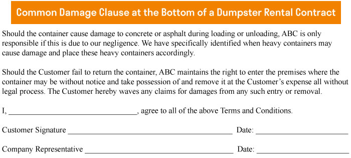 damage clause in dumpster rental contract
