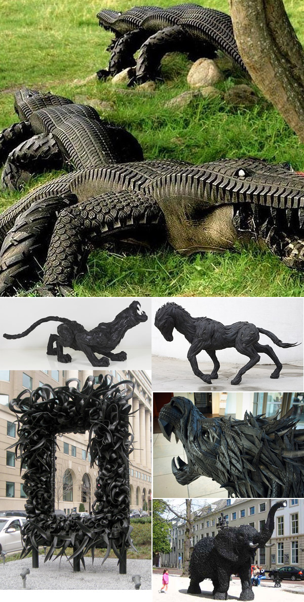recycled tire art crocodile sculptures