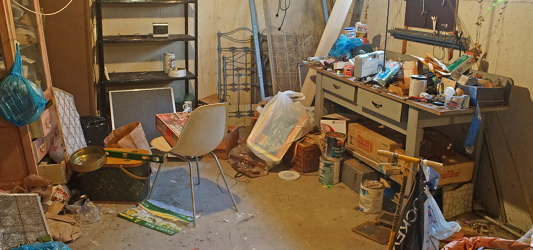 Cluttered, unorganized basement