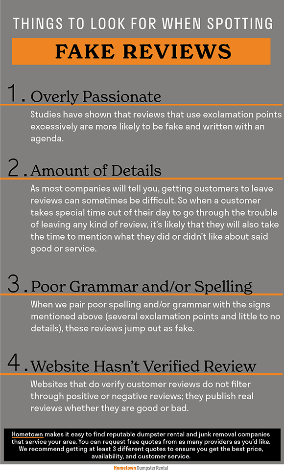 Things to look for when spotting fake online reviews infographic