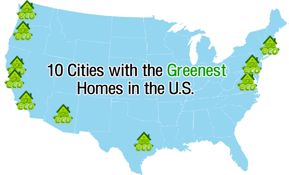 Map of top 10 cities with green homes in the U.S.