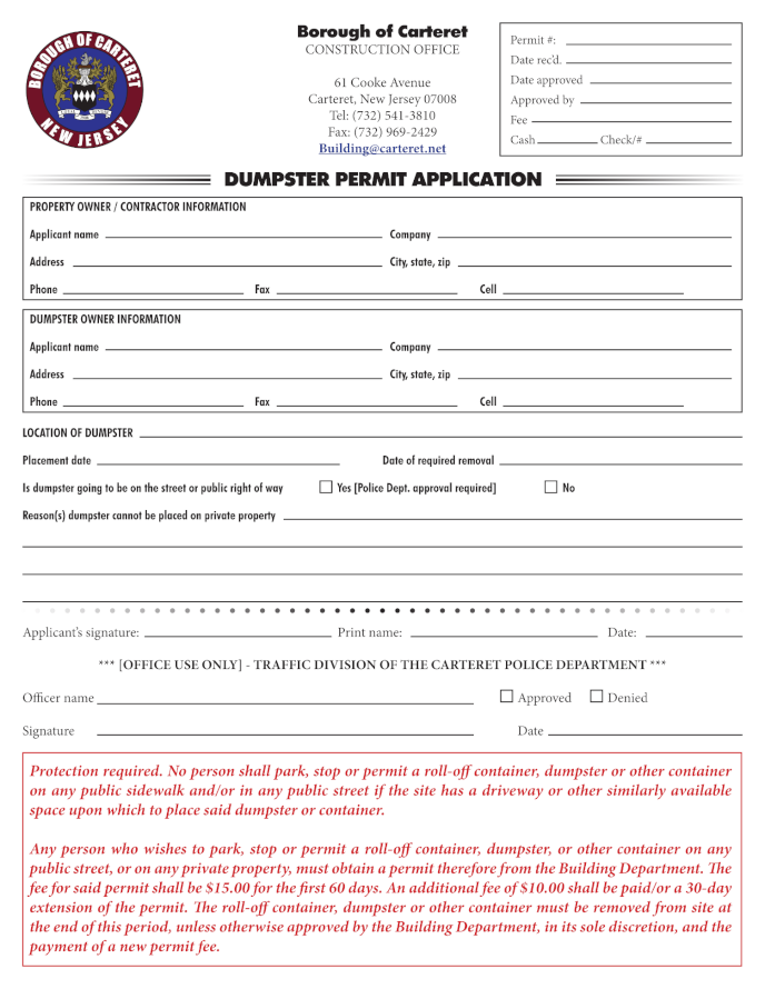 Example of dumpster permit application from New Jersey